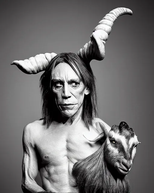 Image similar to singer Iggy Pop in Elaborate Pan Satyr Goat Man Makeup and prosthetics on stage with large goat ears designed by Rick Baker, Hyperreal, Head Shots Photographed in the Style of Annie Leibovitz, Studio Lighting
