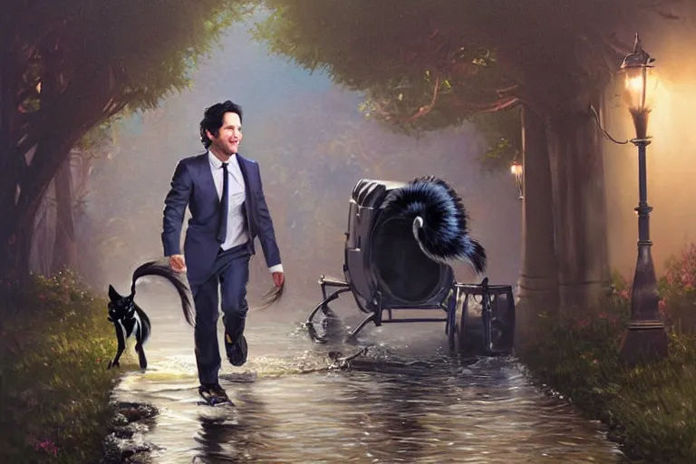 Image similar to paul rudd chasing a skunk late night, an oil painting by ross tran and thomas kincade