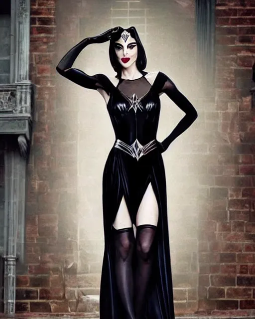 Image similar to Gal Gadot dressed as Morticia Adams, she has beautiful alabaster white skin, and Ruby red Lips, she is in a creepy Victorian era mansion