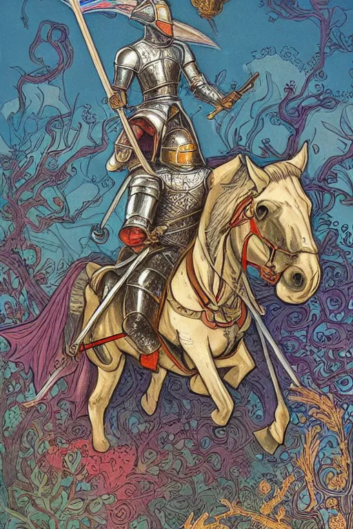 Image similar to medieval knight riding a horse in a magic kingdom pointing into the sky, shiny armor, colorful forest with flying faires, wizards and magic mushrooms in the background, illustrated by james jean, very detailed, comicbook cover