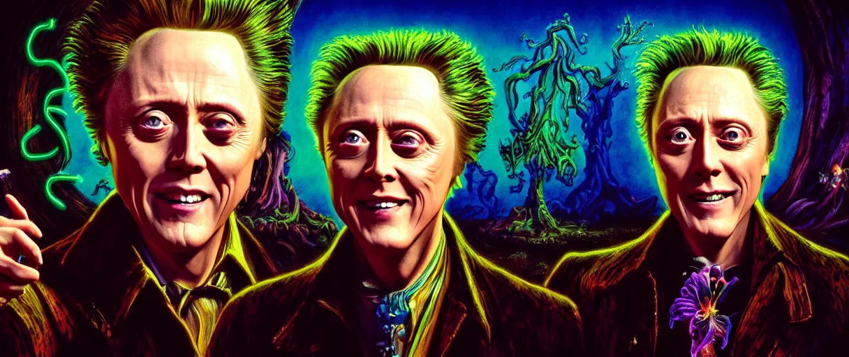 Image similar to neo-surrealist rococo close-up matte painting of old christopher walken pointing and laughing at me hannah yata very dramatic neon lighting 8k wide angle shallow depth of field