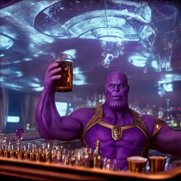 Prompt: thanos as a bartender on the titanic, ambient lighting, realistic, infinity stones and whiskey