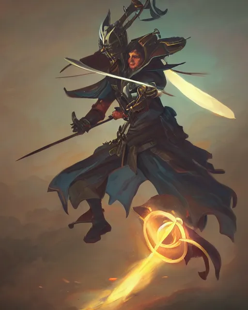 Prompt: action portrait of a magic knight fighting while casting spells with his swords, 4K trending on artstation by peter mohrbacher