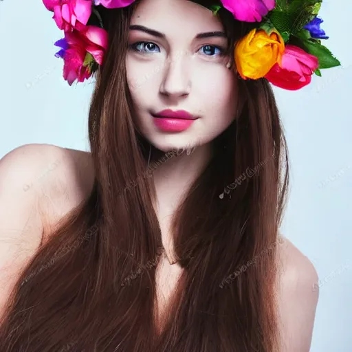 Image similar to a beautiful portrait of a female model with flower headpiece for photoshoot, photography