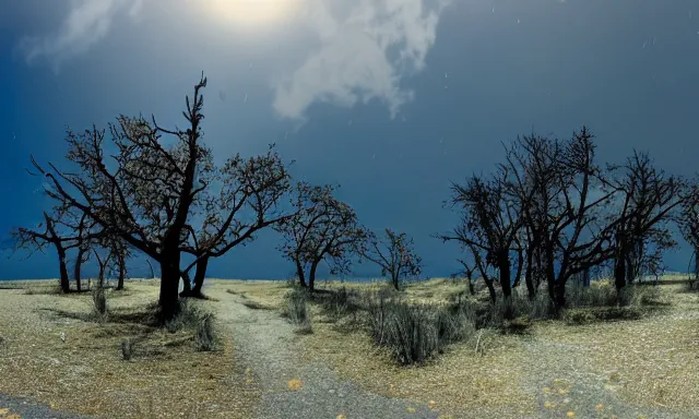 Image similar to panorama of big raindrops flying upwards into the perfect cloudless blue sky from a dried up river in a desolate land, dead trees, blue sky, hot and sunny highly-detailed, elegant, dramatic lighting, artstation, 4k, cinematic landscape, photograph by National Geographic