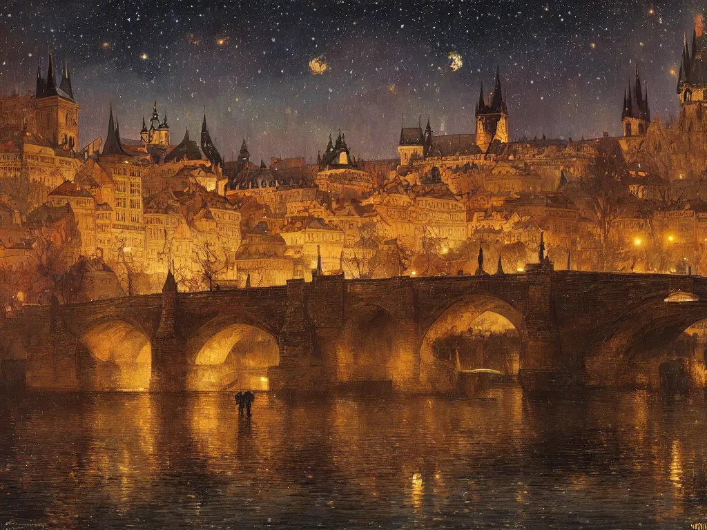 Image similar to a view from the river of prague at night with the sky full of stars, intricate, elegant, highly detailed, digital painting, artstation, concept art, smooth, sharp focus, colored illustration, art by krenz cushart and artem demura and alphonse mucha, anime wallpaper