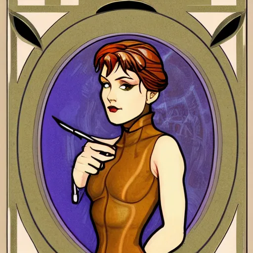 Image similar to an art nouveau portrait of Samus Aran from Metroid