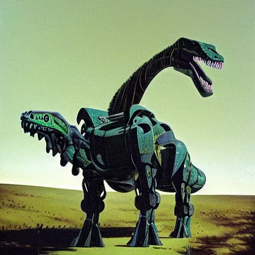 Prompt: Magnificent mecha-dinosaur hybrid by Roger Dean, by Dean Ellis, surrealism, horse, dinosaur