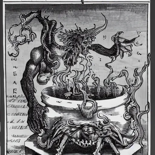 Prompt: monsters consumed transformed transmutation in a fiery alchemical cauldron