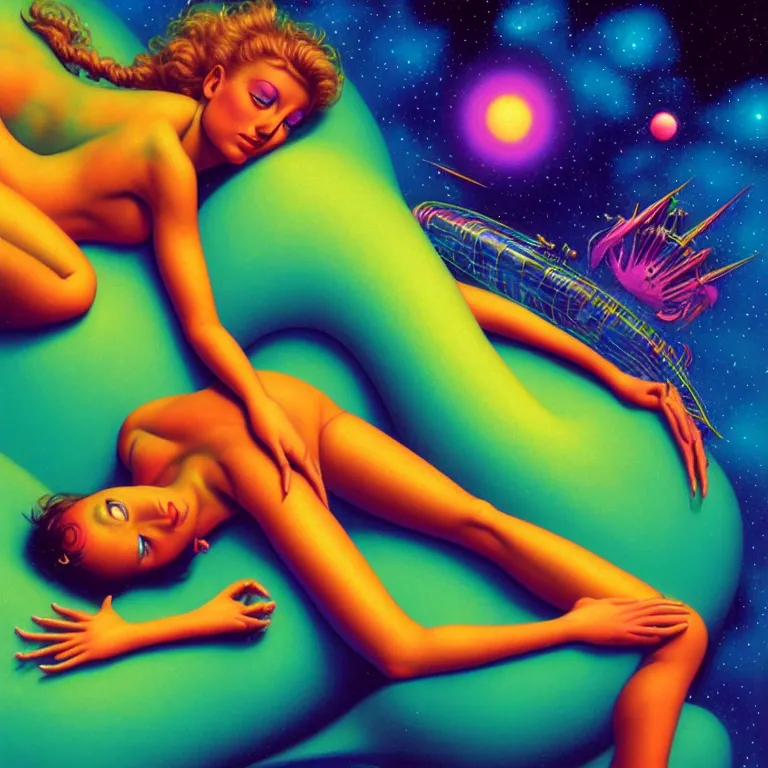 Image similar to cosmic girl, 2 0 yo, reclining close - up, bright neon colors, highly detailed, cinematic, tim white, michael whelan, roger dean, bob eggleton, philippe druillet, vladimir kush, kubrick, alfred kelsner