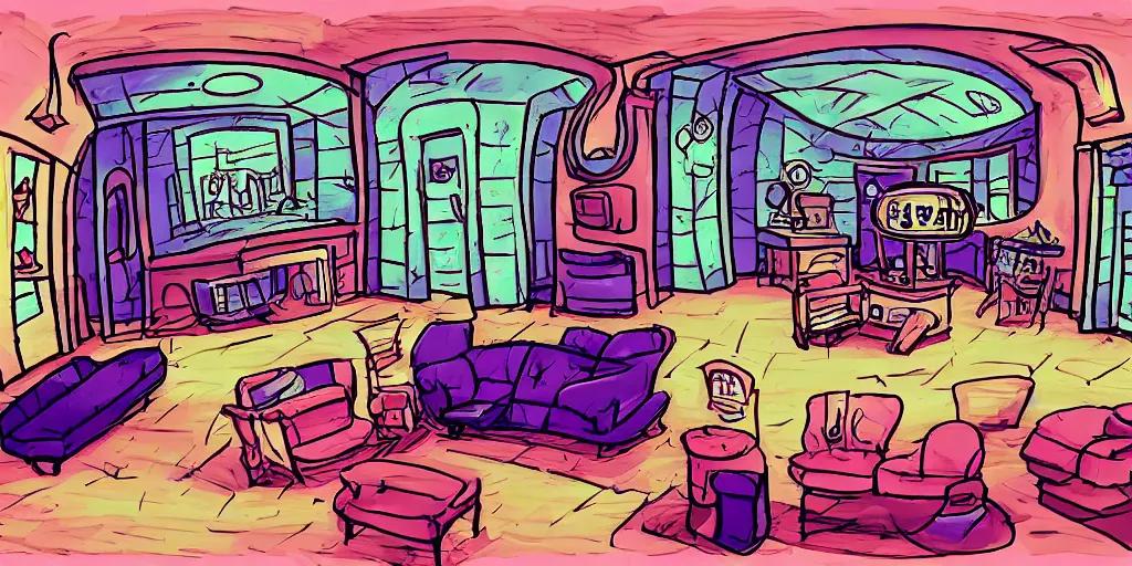 Image similar to a dimly lit, theater dressing room, with a mirror, a chair, a couch, day of the tentacle style, drawn by Peter Chan, fish eye