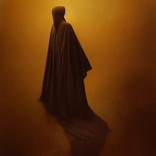 Image similar to a portrait of a young woman wearing a long dark cloak, hood and shadows covering face, holding golden chains, oil painting, matte painting, black background, Volumetric Golden dappled dynamic lighting, Highly Detailed, Cinematic Lighting, Unreal Engine, 8k, HD, by Beksinski