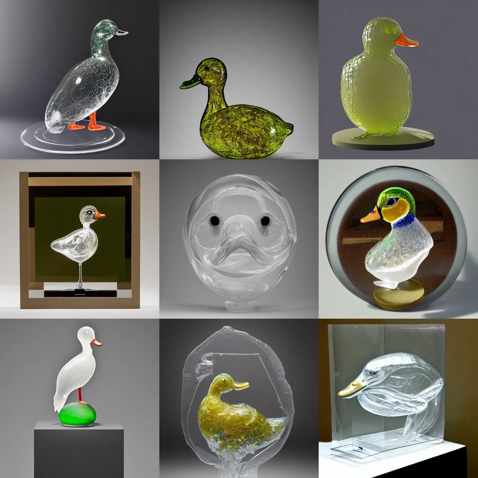 Prompt: portrait of a transparent sculpture of a duck made out of glass, fantasy, trending on artstation