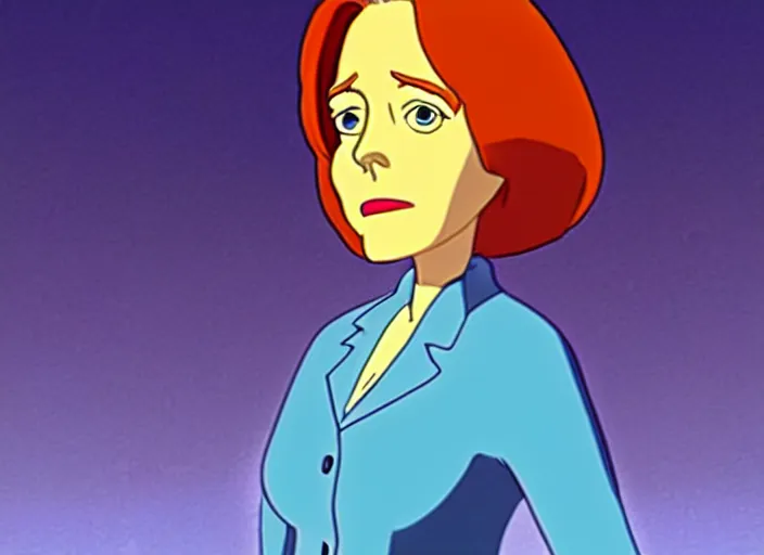 Prompt: an animation still of dana scully, in the style of studio ghibli, netflix animation, toei animation, filmation animation, traditional animation, sharp detail, animation cel