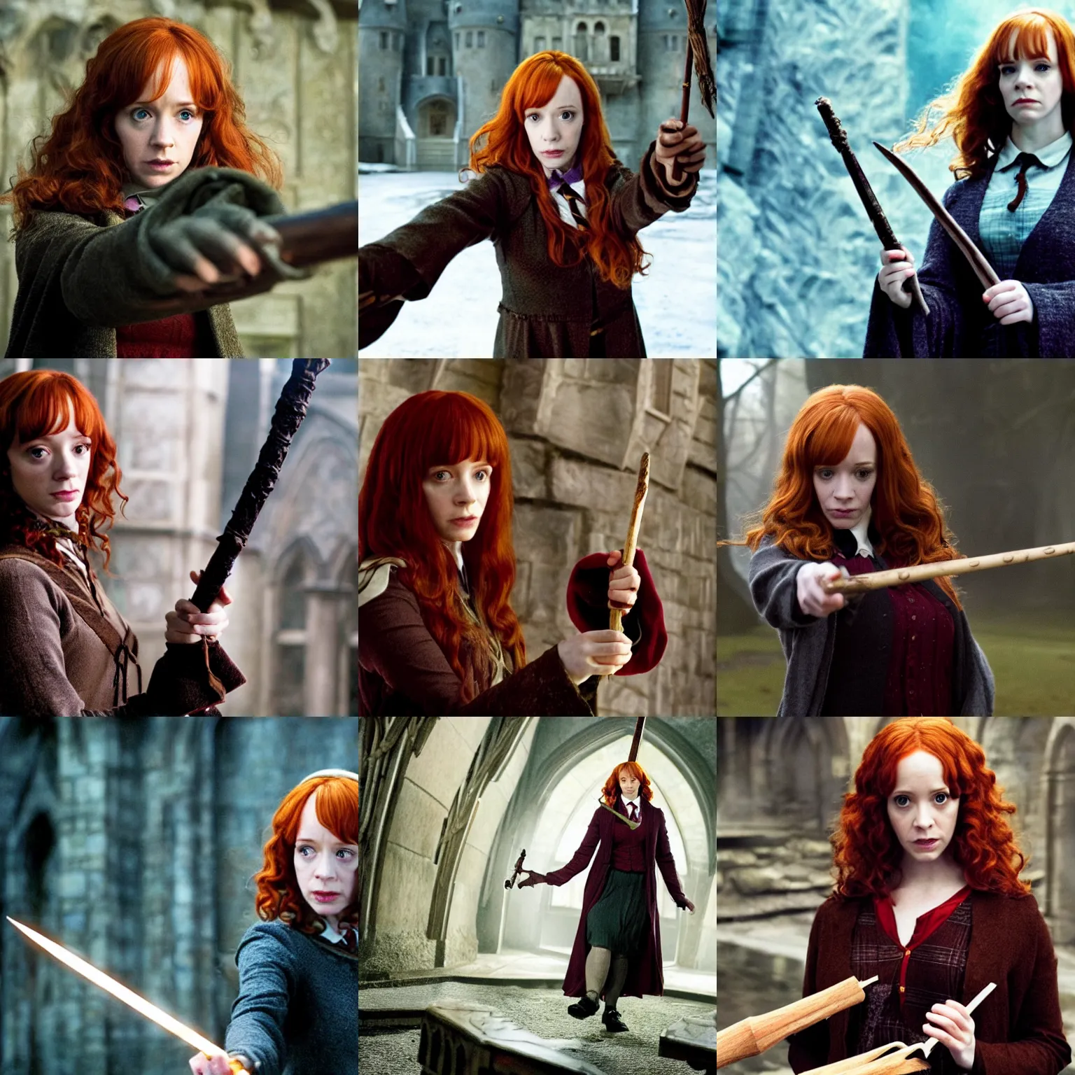 Prompt: female hogwarts student holding wand played by christina hendricks, movie still harry potter and the deathly hallows by david yates, film still from the movie directed by denis villeneuve, wide lens