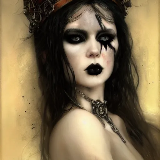 Prompt: gothic, grimdark a beautiful portrait of kerli koiv with pastel goth makeup, a detailed painting by greg rutkowski and raymond swanland and luis royo, featured on cgsociety, grimdark art, detailed painting, artstation hd, photorealistic