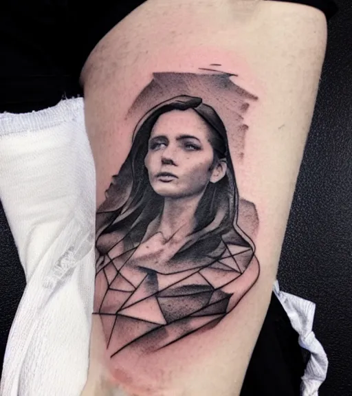 Image similar to hyper realism tattoo sketch of a beautiful woman face double exposure effect with beautiful mountains, in the style of matteo pasqualin, amazing detail, sharp, faded