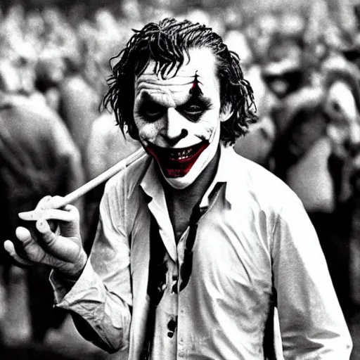 Image similar to photograph of the joker smoking a bong at woodstock, hazy, bloodshot eyes, laughing, circa 1 9 6 9