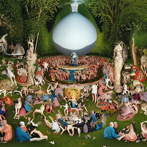 Image similar to a new photography of real humans of bosch garden of earthly delights style taken by martin parr, with flash on camera