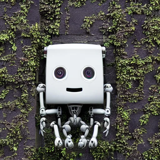 Image similar to A robot stuck in a wall, HD, plants overgrown, intricate detail
