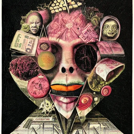 Image similar to post - punk new age album cover, asymmetrical design, frame of a dollar bank notes, capitalism, magic, apocalypse, psychedelic, black white pink, magic, giger h. r., giuseppe arcimboldo