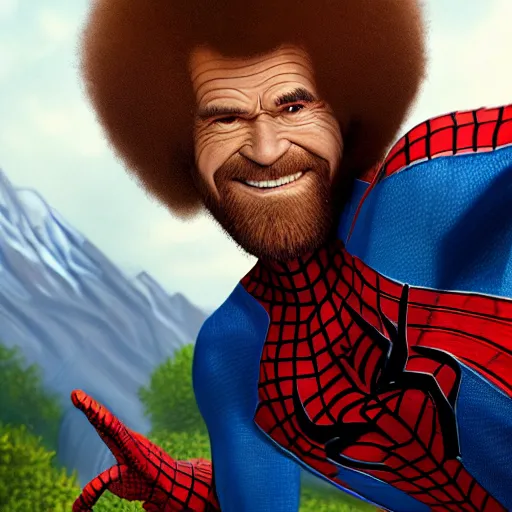 Image similar to a closeup photorealistic photograph of bob ross working on a canvas painting of spiderman. film still. brightly lit scene. mountains and trees. this 4 k hd image is trending on artstation, featured on behance, well - rendered, extra crisp, features intricate detail, epic composition and the style of unreal engine.