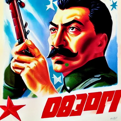 Prompt: portrait of joseph stalin as an action hero on a movie poster from the 80s, airbrush painting