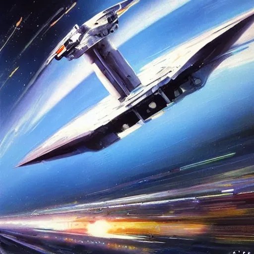 Image similar to futuristic spaceship jumping to warp lightspeed concept art oil painting by john berkey , minimal detailed, brush hard