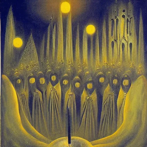 Image similar to A A Holy Week procession of souls in a Spanish landscape at night by Remedios Varo.