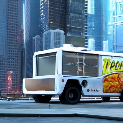 Prompt: a promotional movie still of a futuristic hovering food truck. the truck is next to a tall building. fifth element ( 1 9 9 7 ), unreal engine 5, octane 3 d, render, imax 7 0 mm