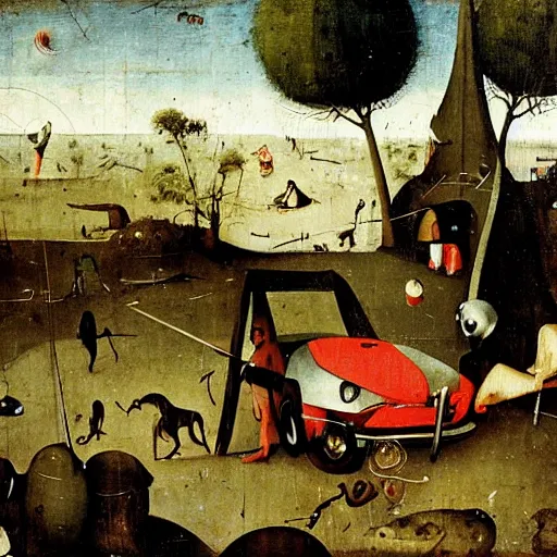 Image similar to alchemist camp in the outback with crashed car, hieronymus bosch