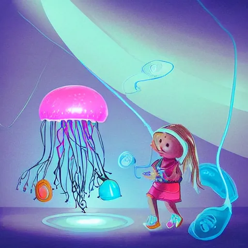 Image similar to “ cute alien floating jellyfish pet, made of electricity jelly and computer circuits, playing with adorable toddler girl, in a futuristic log cabin living room ”