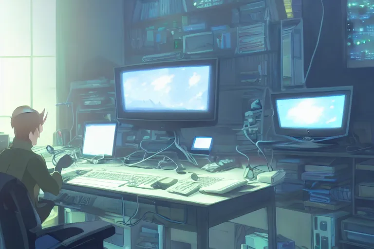 Image similar to a nerdy caracal is programming at a computer in a room full of gadgets, by makoto shinkai and ghibli studio, dramatic lighting, highly detailed, incredible quality, trending on artstation