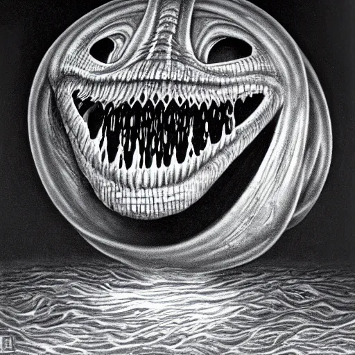 Image similar to a gigantic cyclope emerging from under the ocean drawn by giger
