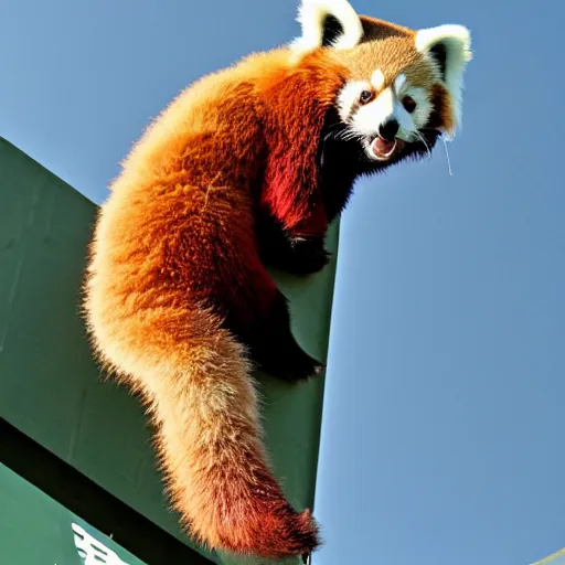 Prompt: red panda climbing the CN Tower running away from a green samoyed