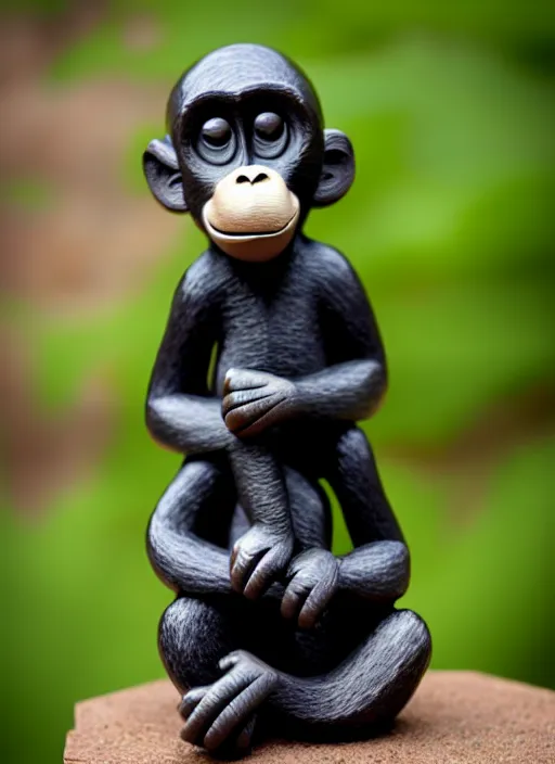 Prompt: cute monkey cartoon character, sculpted in very hard black wood, rock