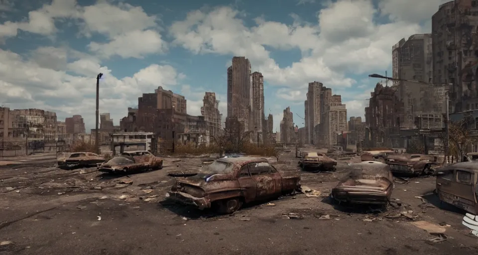 Prompt: wide angle shot of dilapidated fallout 5 new york city in real life, desolate with zombirs, dilapidated, empty streets, nightmarish, some rusted retro futuristic fallout vintage style parked vehicles, sunny weather, few clouds, volumetric lighting, photorealistic, daytime, autumn, sharp focus, ultra detailed, cgsociety