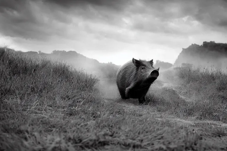 Image similar to a wild hog charging at us from the hill, cinematic imax shot, monochromatic retro, hyper detailed, windy, motion still