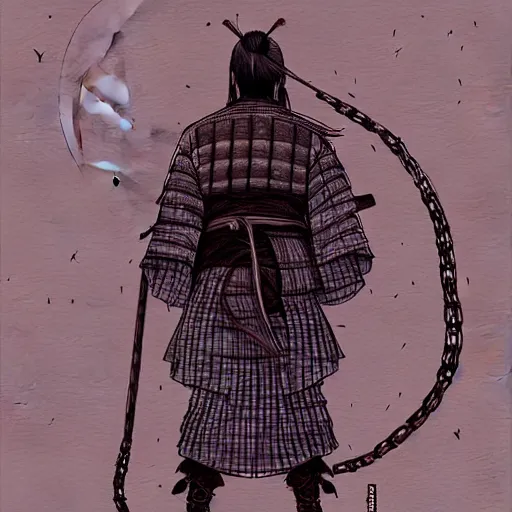 Prompt: a portrait from behind of a samurai man vagabond with a moon behind him, the samurai is wrapped in chains, detailed, illustration, concept art, ink style, sketch