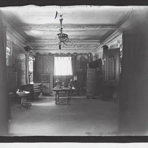 Image similar to an early daguerrotype photograph of the backrooms from the 19th century