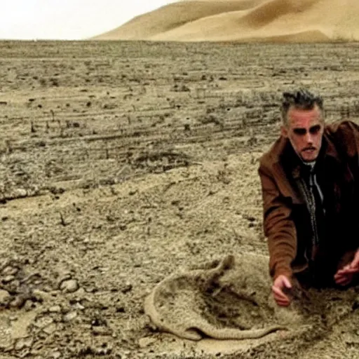 Prompt: Jordan Peterson digging a ditch, dressed like a homeless man in the desert. Photograph from a horror film.