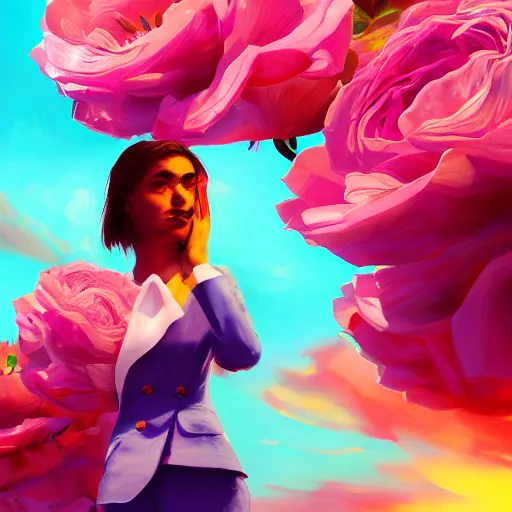 Image similar to closeup, giant rose flower head, frontal, girl in suit, surreal photography, sunrise, blue sky, dramatic light, impressionist painting, digital painting, artstation, simon stalenhag