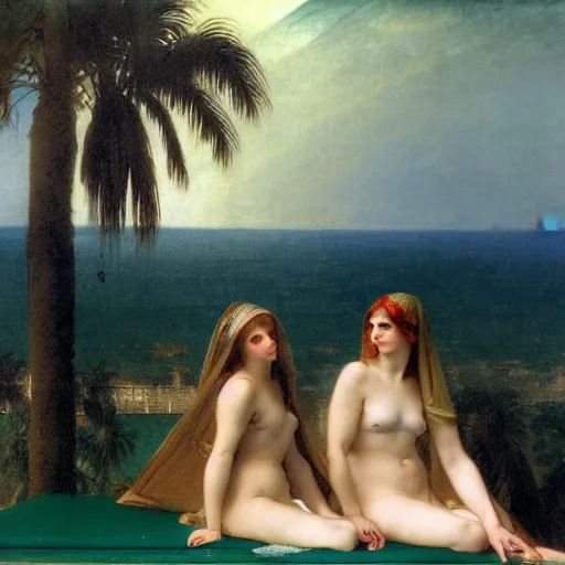 Image similar to Silhouette of two girls at the palace, thunderstorm, greek pool, beach and palm trees on the background major arcana sky, by paul delaroche, alphonse mucha and arnold böcklin arnold böcklin hyperrealistic 8k, very detailed