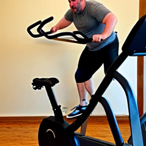 Image similar to chonky bald head with a grey closely shaven beard ethan van sciver working out vigorously on his peloton exercise bike