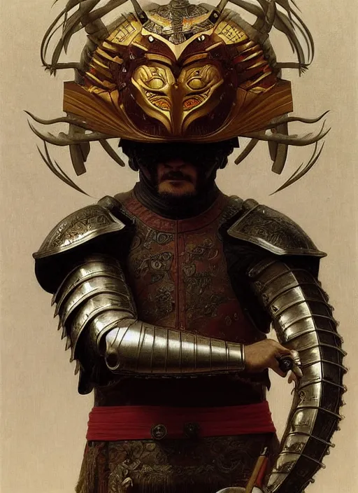 Prompt: portrait of hide the pain harold in a chinese dragon in armor and helmet, majestic, solemn, symmetrical, detailed intricate, hyper realistic, by bouguereau