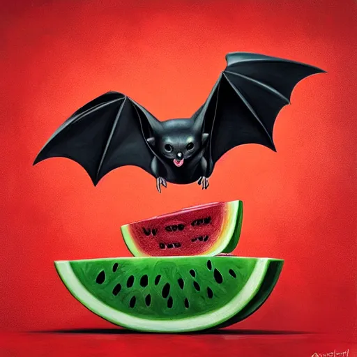 Prompt: cute realistic bat sits and eats a triangle slice of watermelon, highly detailed, sharp focus, digital painting, artwork by Victor Adame Minguez + Sandro Botticelli