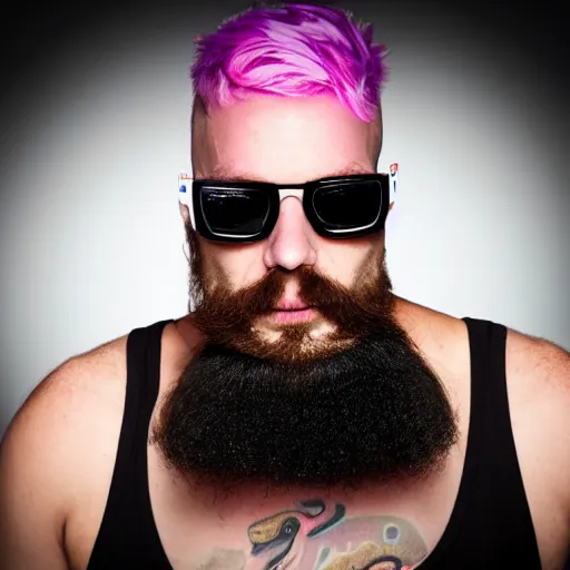 Prompt: thin bearded yoga punk singer weird sunglasses. was previously a commercial model and actor. on a smoky stage. vaporwave.