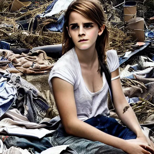 Prompt: concerned and tired emma watson in shredded and destroyed dirty clothes rags, in the ruins of civilization after the apocalypse, hd photo, high detail, shallow depth of field