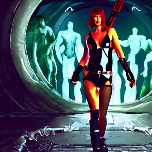 Image similar to milla jovovich as leeloo full body in the foreground of digital art background is 5 th element movie city