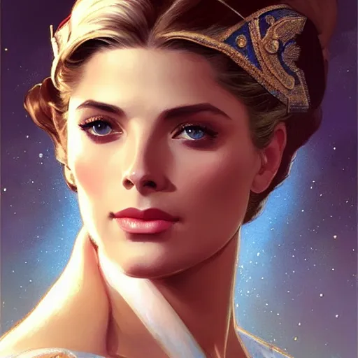 Image similar to Ashley Greene's face combined with Grace Kelly's face as a Space Marine, western, D&D, fantasy, intricate, elegant, highly detailed, digital painting, artstation, concept art, matte, sharp focus, illustration, art by Artgerm and Greg Rutkowski and Alphonse Mucha